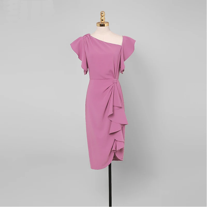 

Ruffled Pink Long Skirt Temperament Slim Office Lady Waist Slim Mid-length Dress Asymmetrical Collar Women's Summer Dress