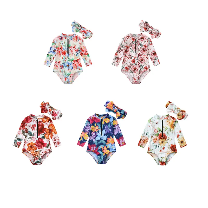 European Kids Swimsuit New Surfing Suit Floral Printed Baby Girls Swimwear Kids One Pieces Bathing Suit Monokini with Headband