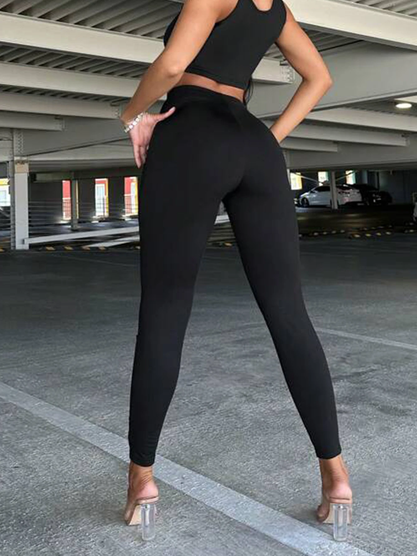 European-style Irregular Ripped Leggings Solid Color Circular Zipper Nine-quarter Pants High Stretch Personality Ripped Leggings