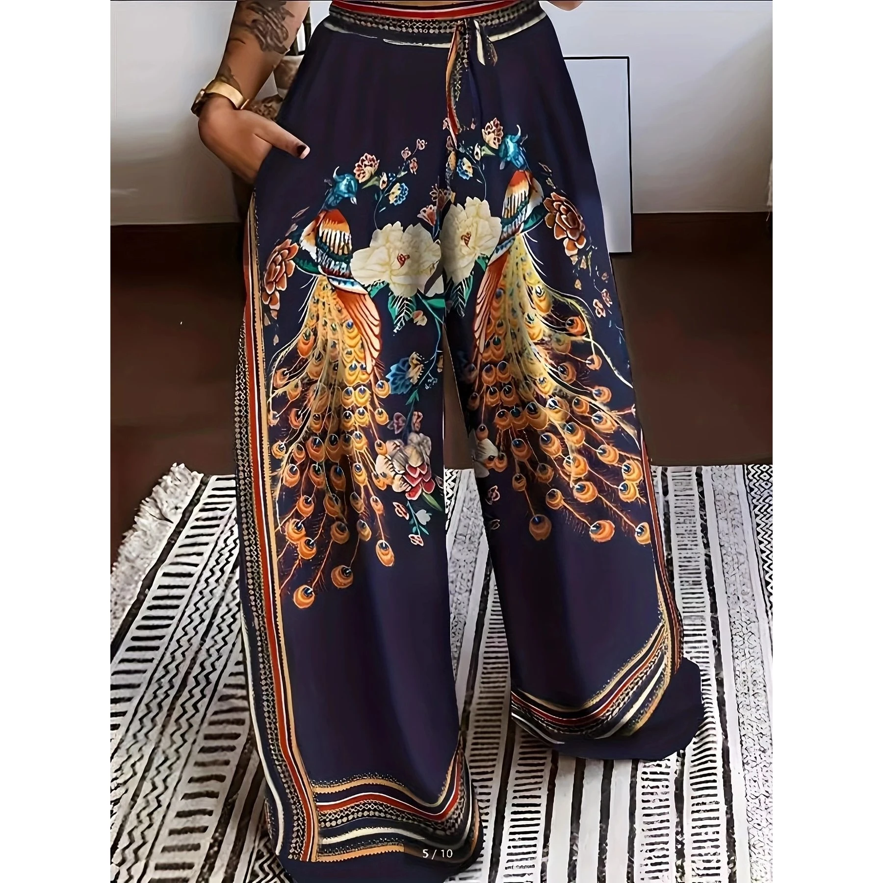 

Модные широкие брюки в этническом стиле с принтом, свободного кроя, повседневные, с поясом, новинка, большие размеры, длинные брюки