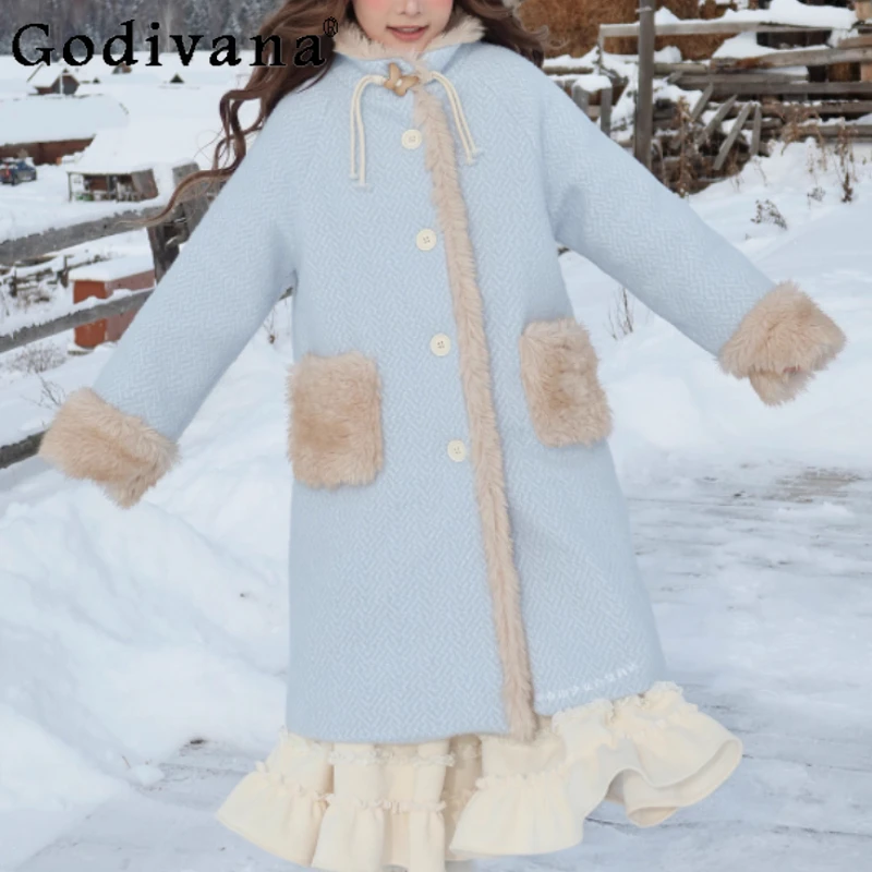 

Winter Blue Sweet Women Long Sleeves Warm Thickened Woolen Coat Fashion Versatile Age Reduction Loose Temperament Korean Coats