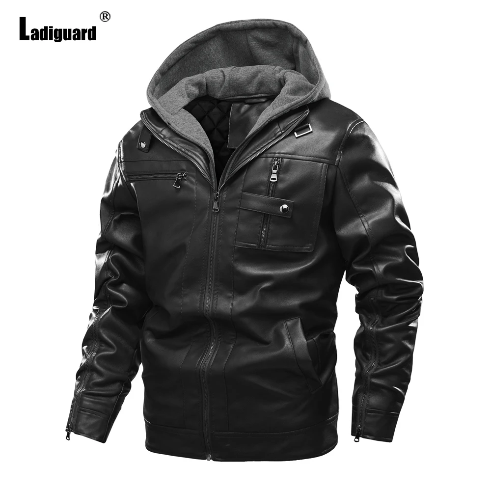 

Mens Pu Leather Jacket 2023 Winter Hooded Tops Outerwear Sexy Faux Leather Coats Men Punk Style Fashion Jackets Male Hoodies