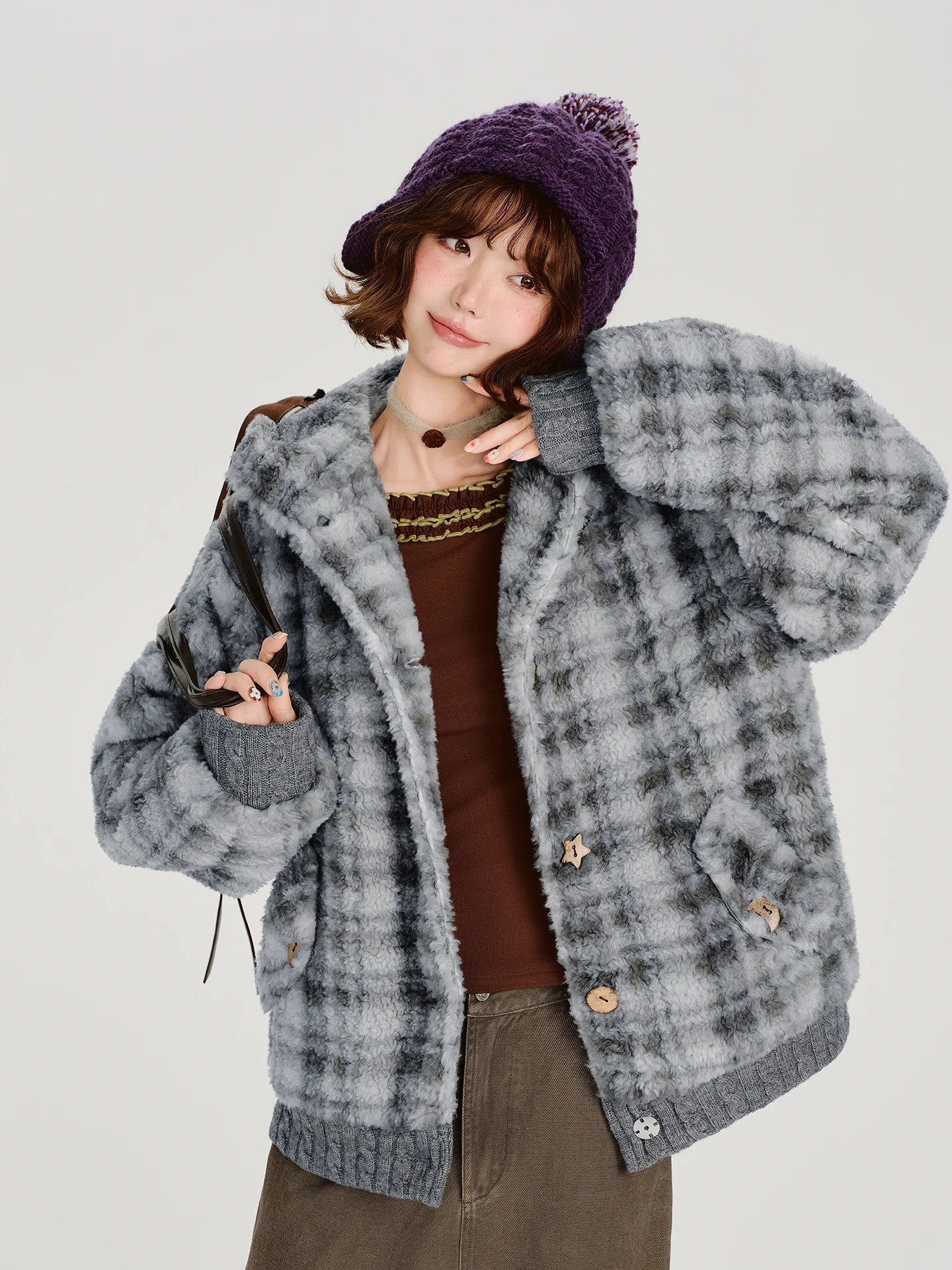 

Girly American Retro Plaid Fluffy Hooded Jaet Women Winter New Thi Warm Loose Top Casual Sle Long Sve Button Clo...