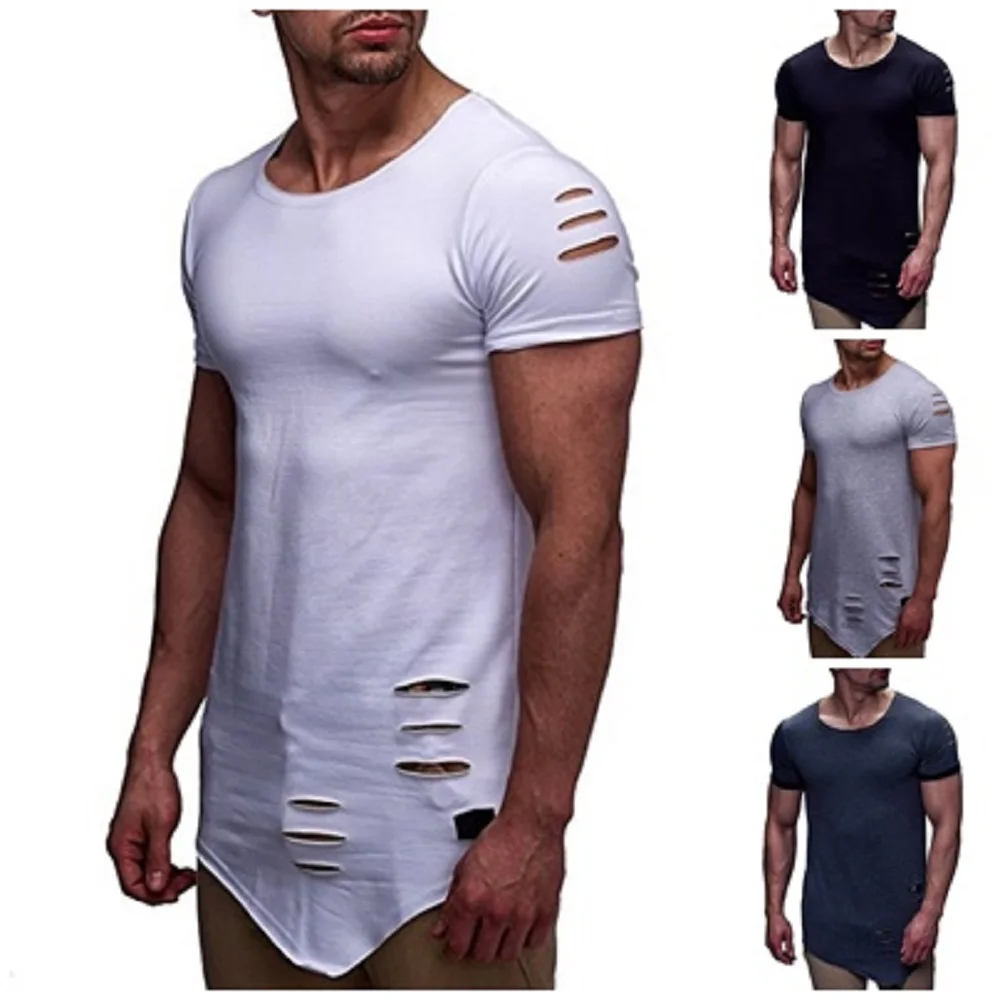 Trendy Men T-Shirt NEW O-Neck Short Sleeve Men\'s Irregular Hem Hole Ripped Tshirts Hip Hop Streetwear Tops Tees Slim Fit Appare