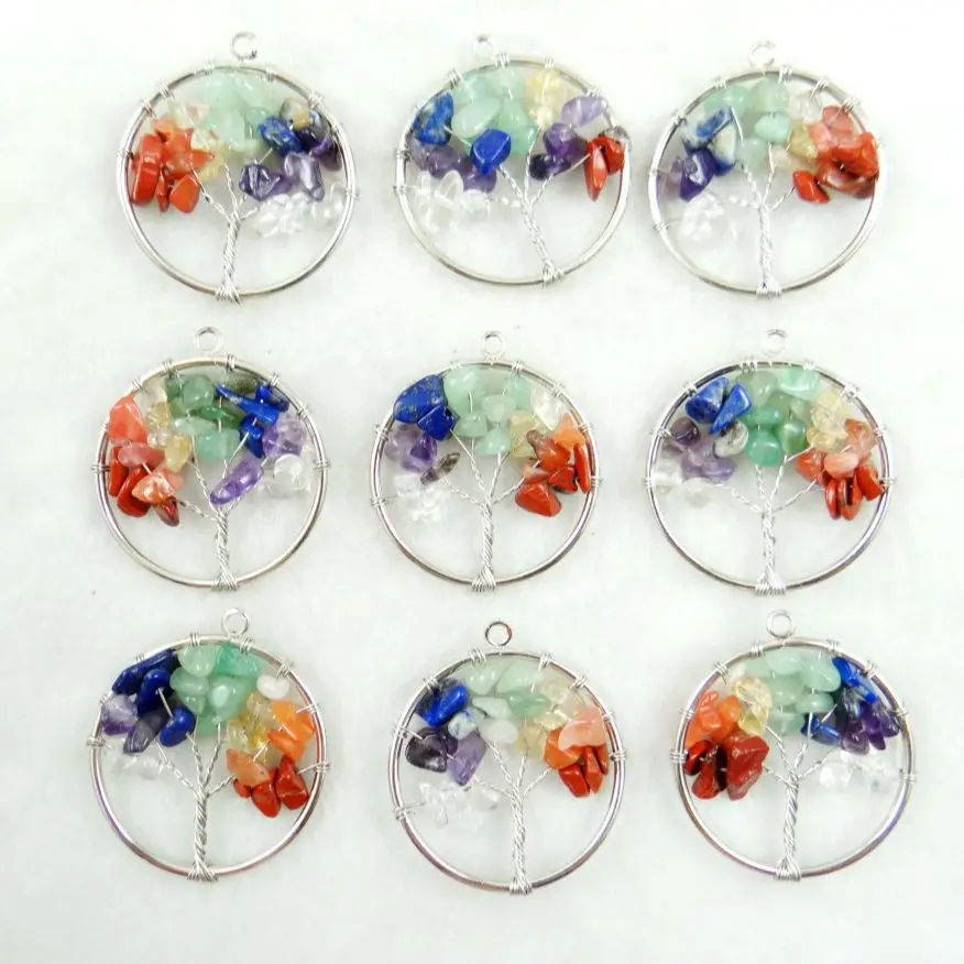 30mm Natural Gem Stone Quartz Crystal 7 Chakras Tiger Eye Tree of Life Pendant For Diy Jewelry Making Necklace Accessories 10pcs