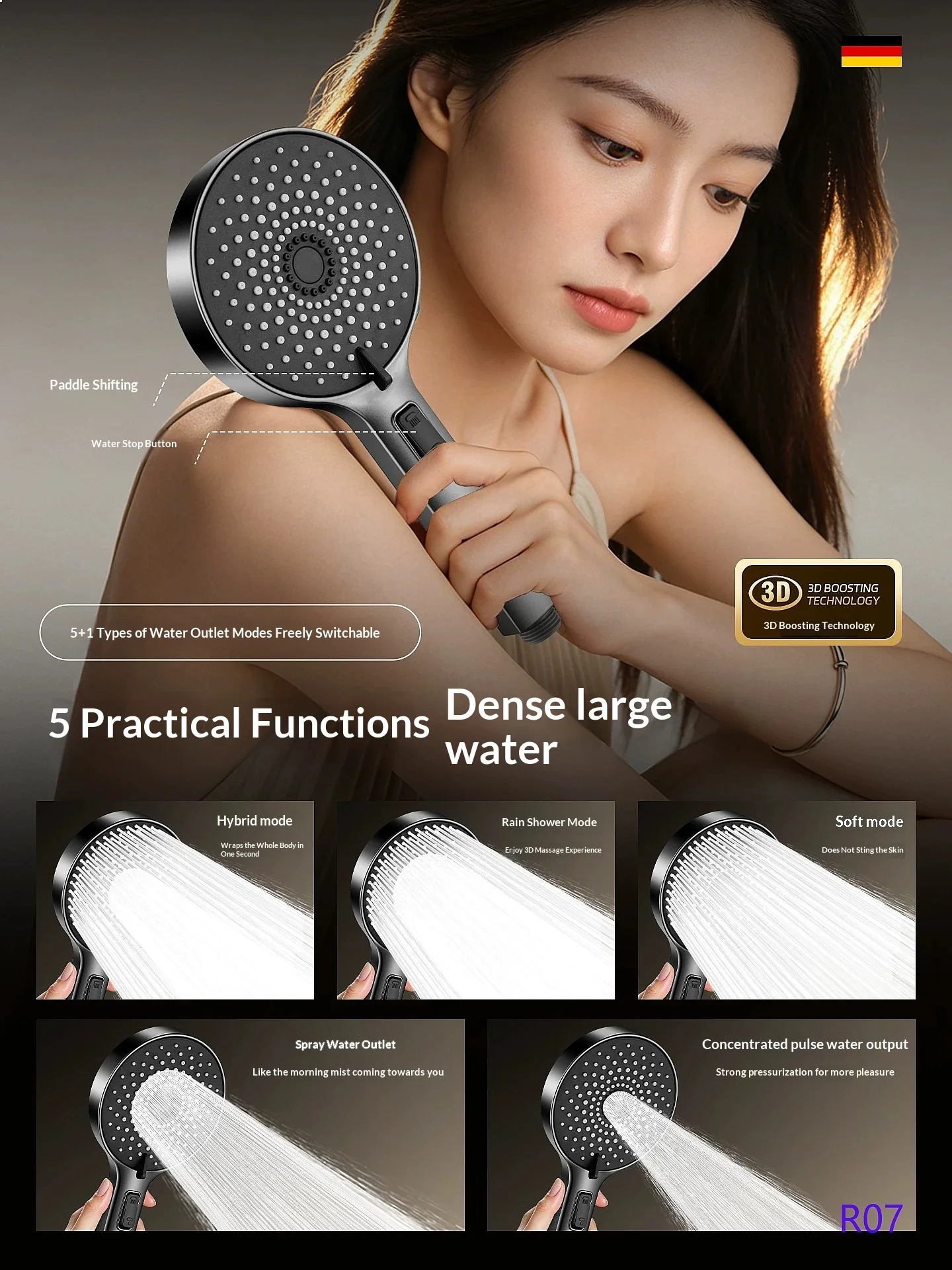 German Pressure Boosting Shower Head High Flow Bathroom Rain Shower Nozzle