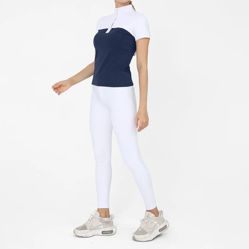 Equestrian Riding Clothes 2 Piece Set Women's Sports Suit Full Silicone Pants And Short Sleeve Top Horse Riding Competition Wear