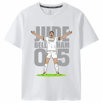 Bellingham은 여름 크루넥 잉글랜드 팀 키즈를 기념하는 레알 마드리드 팬들을 위한 액션 로고 반팔 티셔츠를 기념합니다.