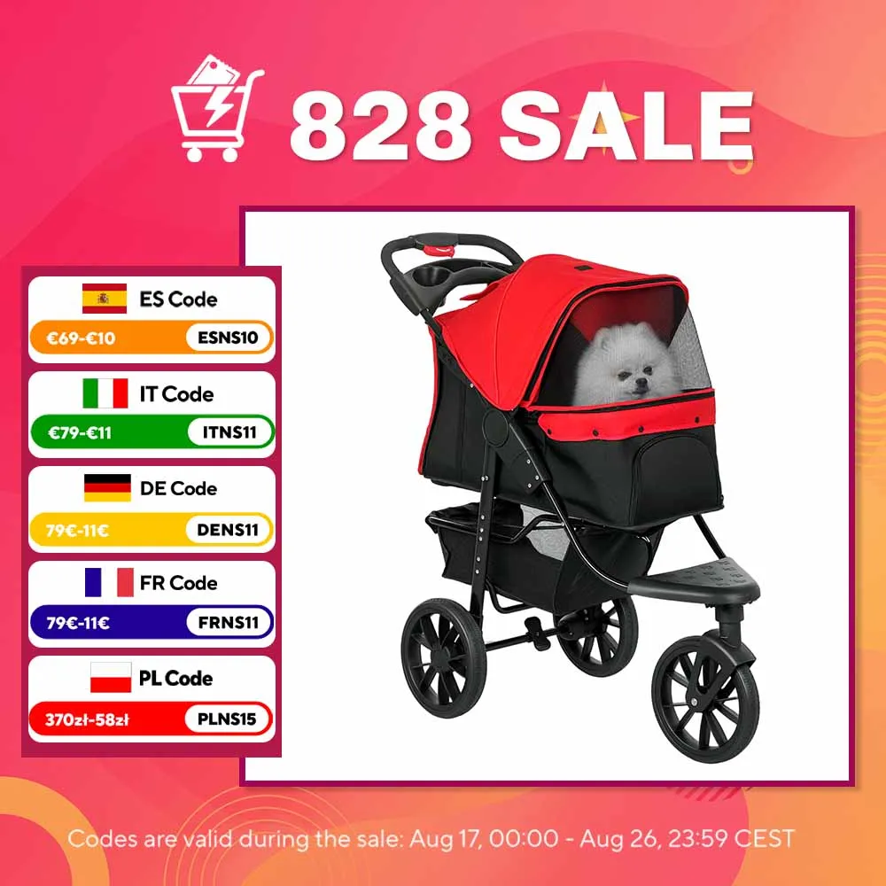PawHut Carrito para Perros Plegable con 3 Ruedas 109,5x57,5x106,5 cm Rojo