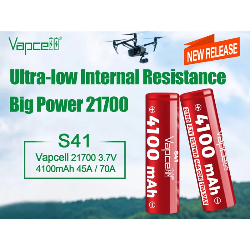 Original Vapcell INR 21700 S41 Battery 4100mah Capacity 45A/70A MAX Power New Rechargeable Lithium Batteries for Battery Pack