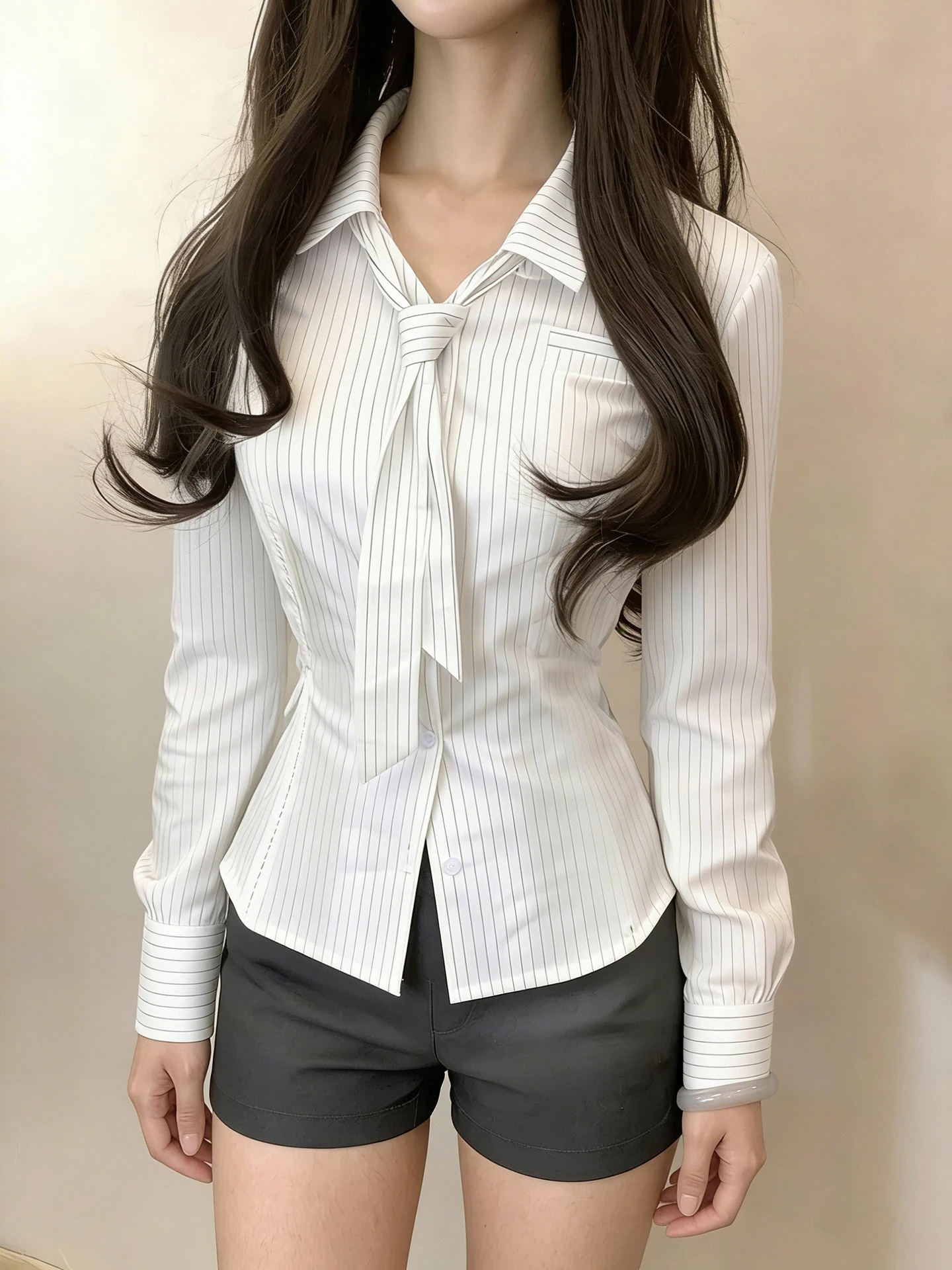 

WEEKEEP Slim Fit Long Sleeve Shirt Women's Waist-Cinching Striped Button-Up Casual Fashion Street Style Polyester Material