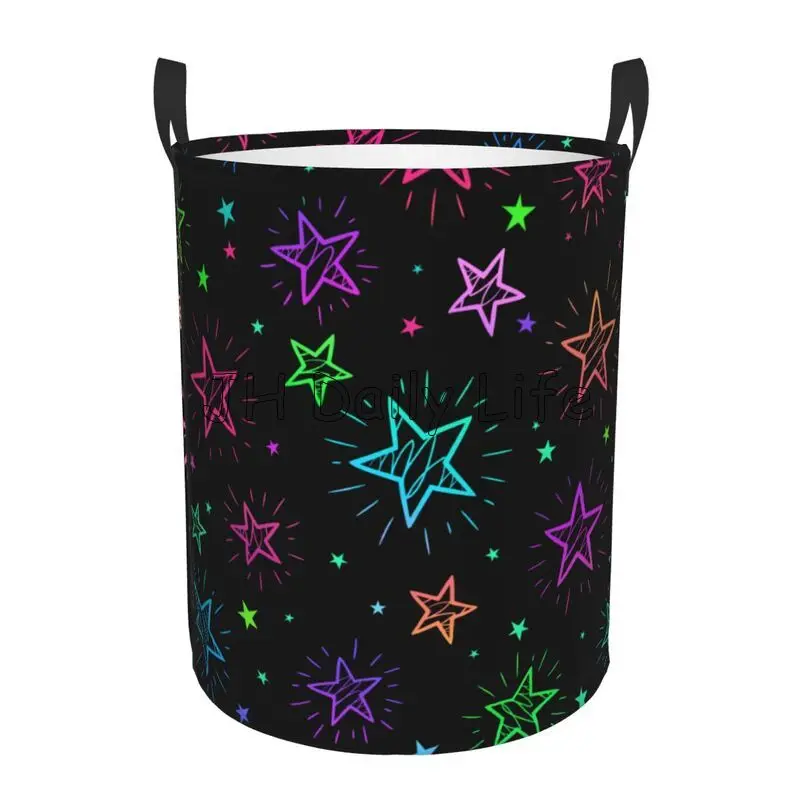 Colorful Neon Rainbow Bright Stars Laundry Basket Foldable Waterproof Laundry Hamper Clothes Storage Bucket Toy Organizer Bin