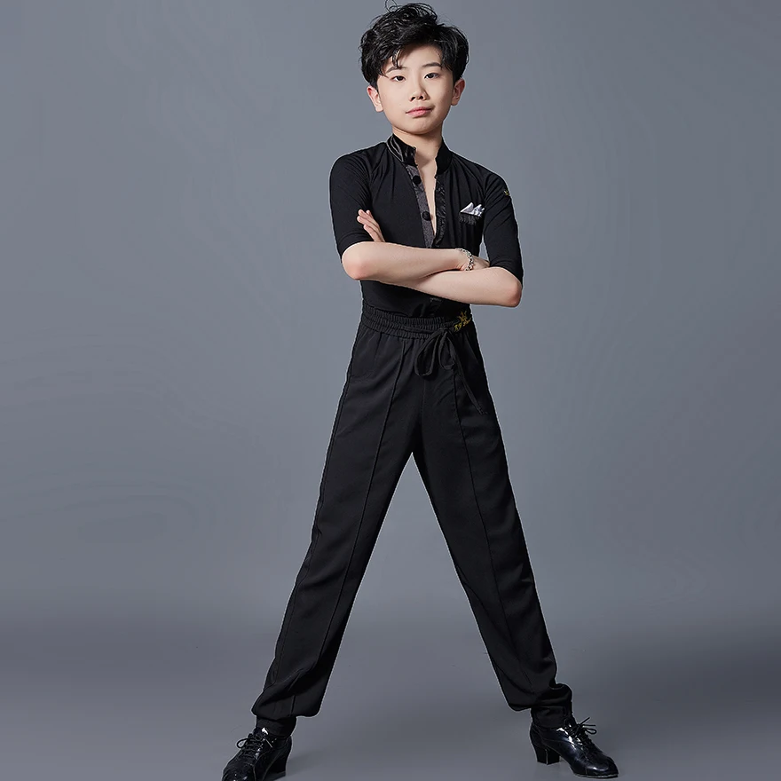 New Children\'S Modern Dancing Clothes For Boys Black Shirt Practice Pants Suits Kids Latin Performance Dance Costume SL6597