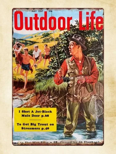 outdoor life 1957 magazine cover fishing metal tin sign discount  wall art