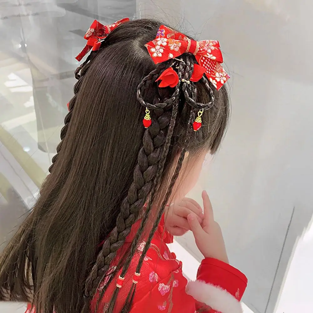 子供のヘアピン,中国風のリボン,パールタッセル,新年のドレス,愛らしい,赤,秋,冬,1ペア