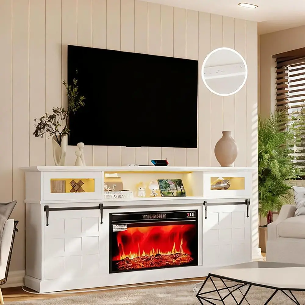 70 مركز ترفيه أبيض ريفي مع أضواء LED ومنافذ طاقة وباب منزلق لـ 80 تلفزيونًا #1