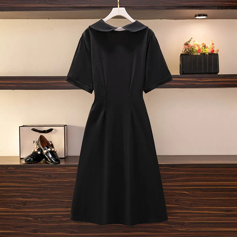 150Kg Plus Size Women\'s Bust 149 Summer Loose Slim Short-Sleeved Doll Collar Waist Dress Black 5XL 6XL 7XL 8XL 9XL