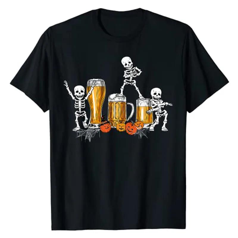 Happy Halloween Costume Funny Skeleton Drinking Beer T-Shirt Gift Cute Skull Print Graphic Tee Top Streetwear Women Men Clothing