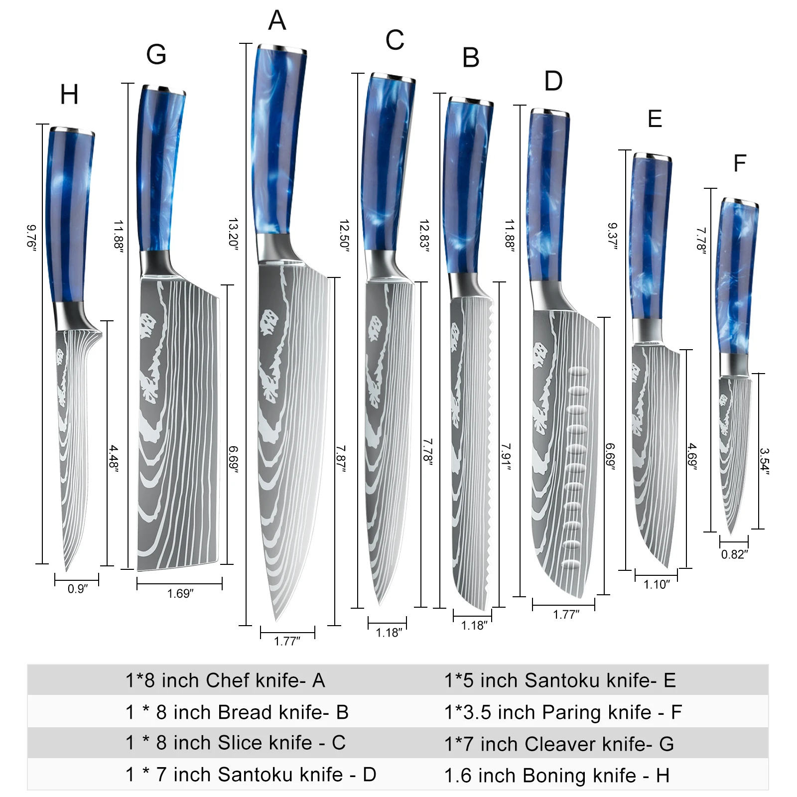 8-teiliges Küchenmesser-Set aus 7CR17MOV Edelstahl mit Kochmesser, Hackmesser, Brotmesser, Santoku-Messer, Schälmesser, Ausbeinmesser, blauem Harzgriff, Messertasche und Klingenschutz sowie Schleifstab – Detail 6