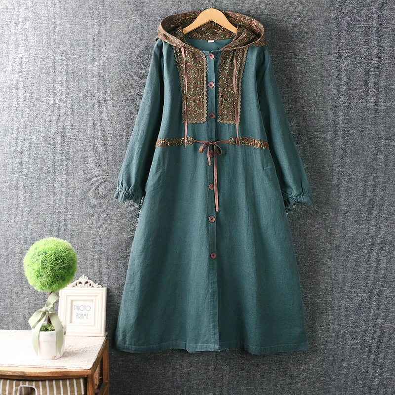 Autumn New Hooded Trench Coat Women Long Sleeve Single Breasted Casual Outerwear Chinese Style Retro Versatile Slim Dress Women