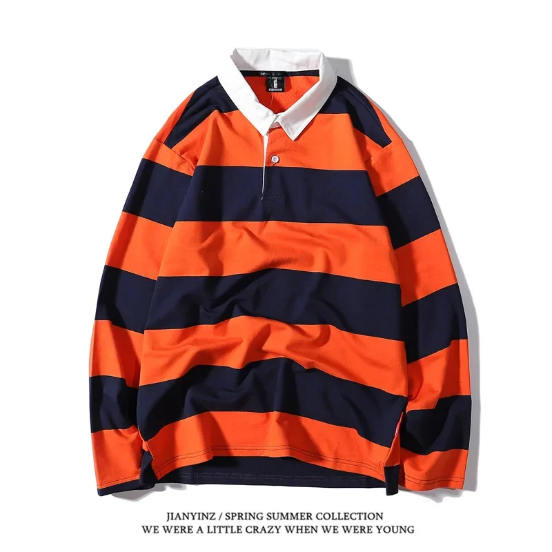 

Minimally striped printed mens collar T-shirt autumn business casual long sleeved top comfortable breathable loose collarT-shirt