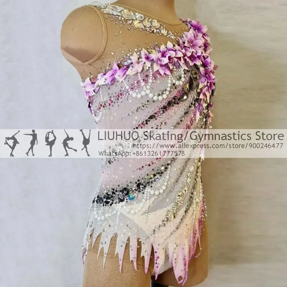 Rhythmic Gymnastics Leotards Purple Simulation Flowers Full of Diamonds and Pearls Competition Performance