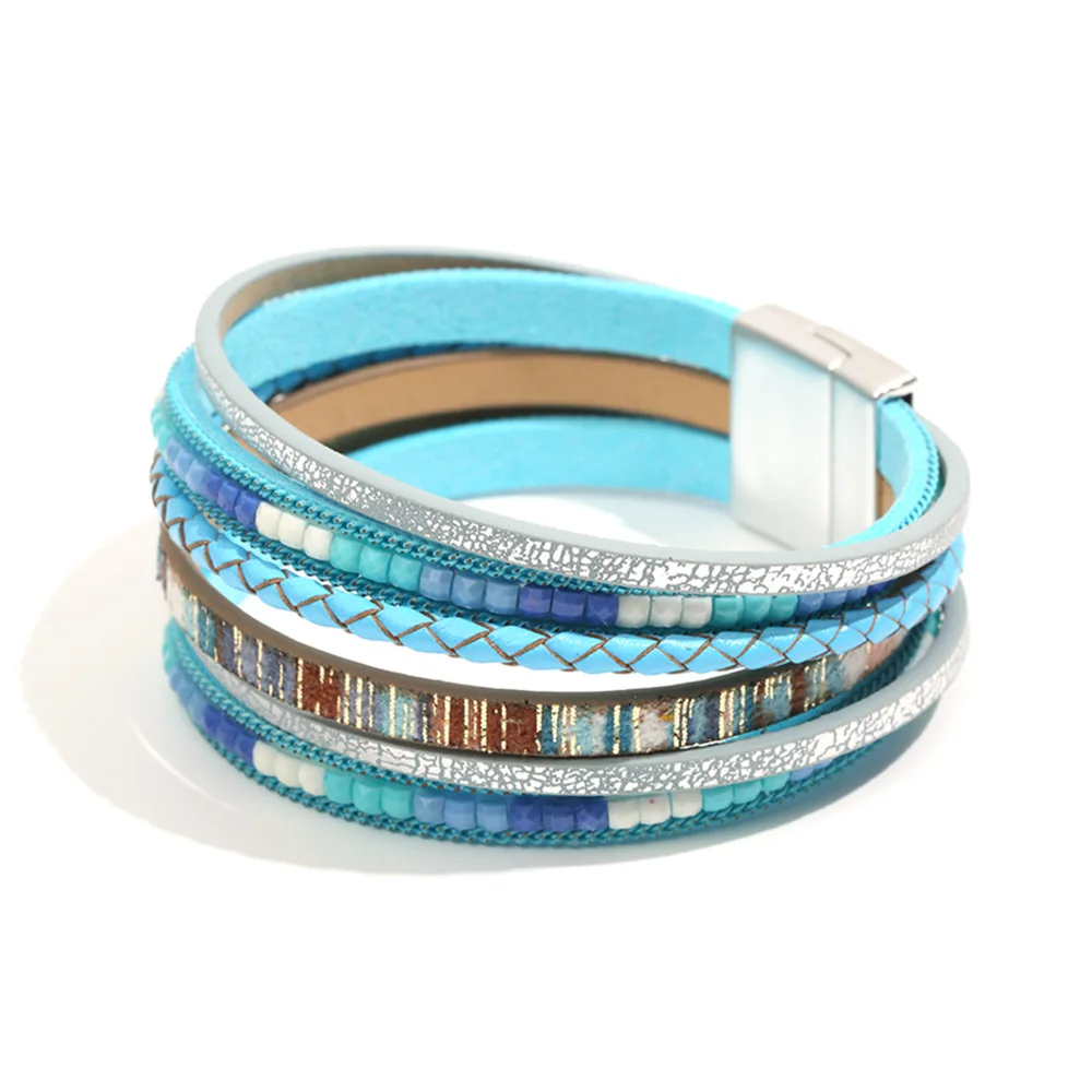 Woman Multi-layer Leather Wrapped Bracelets Crystals Bead Cuff Bracelet West Asian Style Girl Fashion Jewelry Birthday Gift