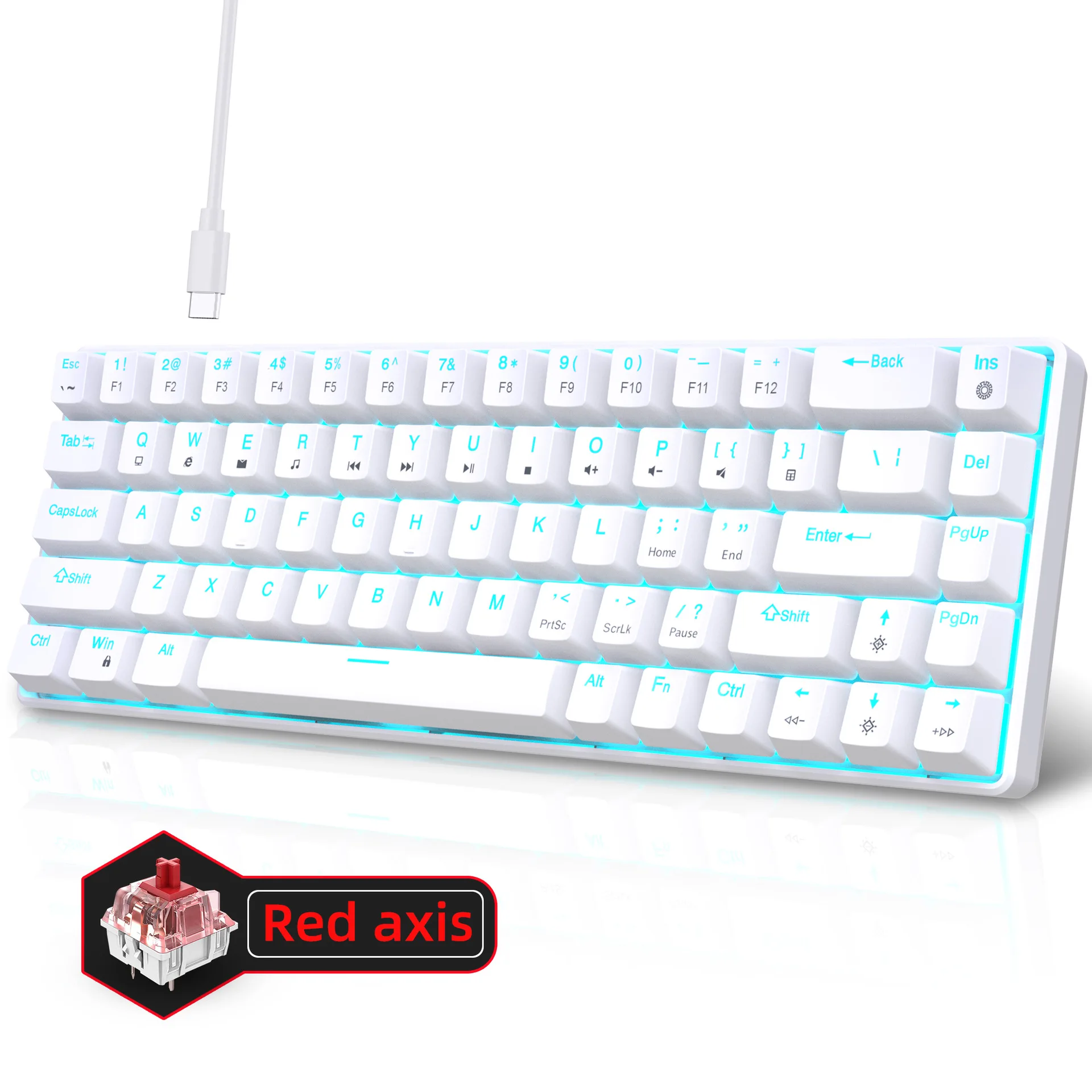 68 key mechanical gaming keyboard plug-in axis design dual color injection molded keycaps ice blue light