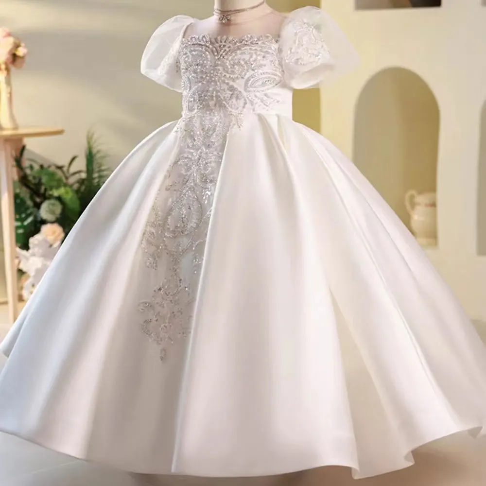 Jill Wish Elegant White Flower Girl Dress Beads Satin Arabic Princess Kids Birthday Wedding Guest Party Gown Communion 2024 J251