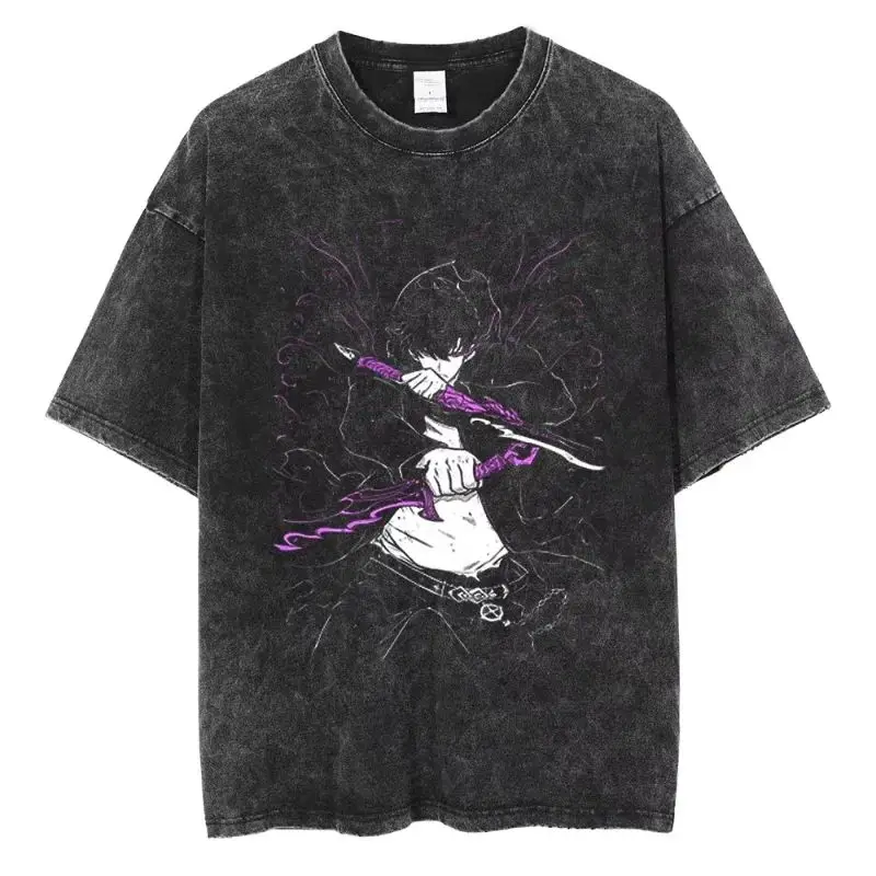 Camiseta con estampado de Anime Solo Leveling Sung Jin-Woo, camisetas para hombres y mujeres, camiseta de talla grande, Camiseta de algodón lavada Unisex Harajuku