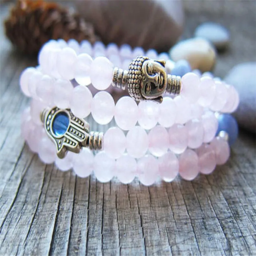 

6mm Rose stone silver Buddha 108 Beads Mala Bracelet Charm Stackable Handmade Relief Bodhi Teens Gift Cuff Men