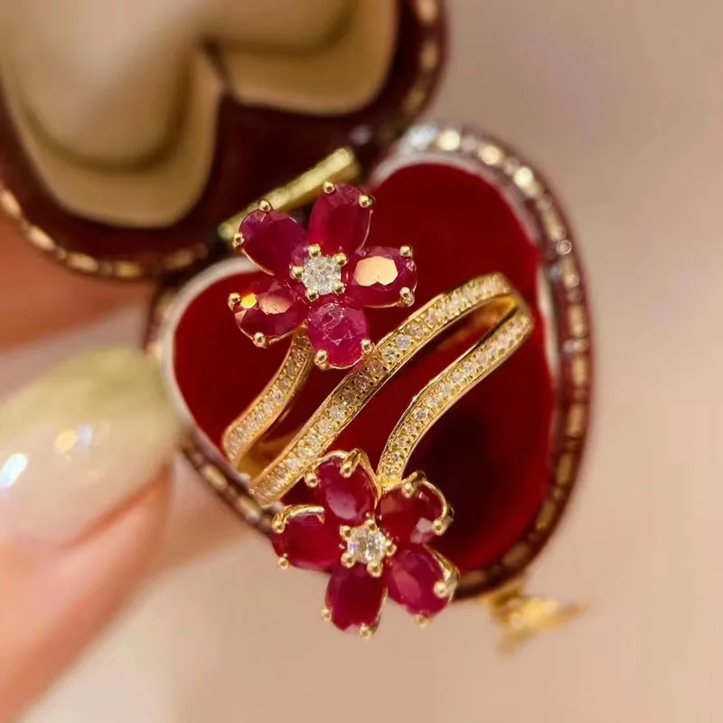 Stylish Delicate Flower Red Color Set Zirconia Ring for Women\'s Elegant Temperament Vintage Trend Party Jewelry Accessory
