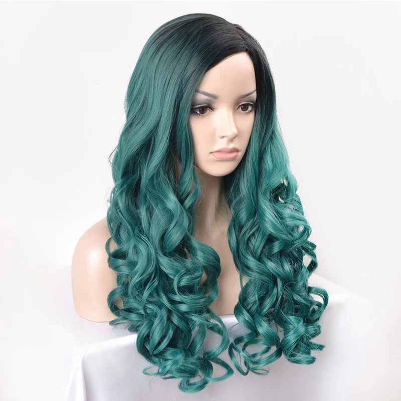 Peruca longa de cabelo encaracolado com arranca para mulheres, lolita, verde misto, natal, halloween, cosplay, festa à fantasia