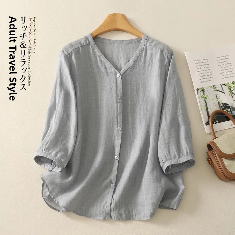 

Slimming Large Size Summer New Style Thin Medium Sleeve V-Neck Loose Pure Color Artistic Shirt Women's Casual Fashion Top