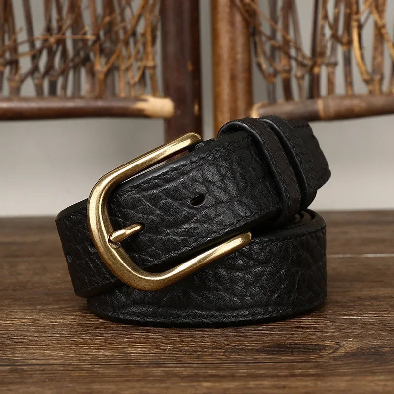 Stylish 3.8CM Wide Men's Leather Belt with Vintage Brass Buckle for Jeans and More