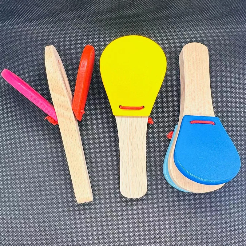 Yellow Baby Montessori Wooden Orff Percussion Instrument Baby Handle Castanets Clappers Hand Clappers Brain Game Educational Toy