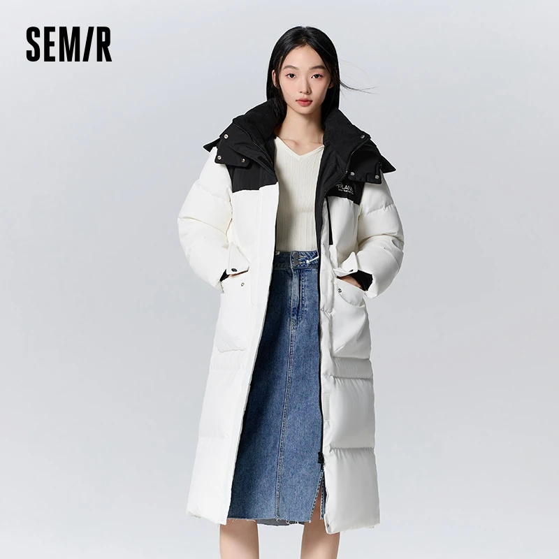 Semir Down Jacket Women Long Hooded Trendy Outdoor 2023 Winter New Fashion Letter Three-proof Thick Coat Heat Storage