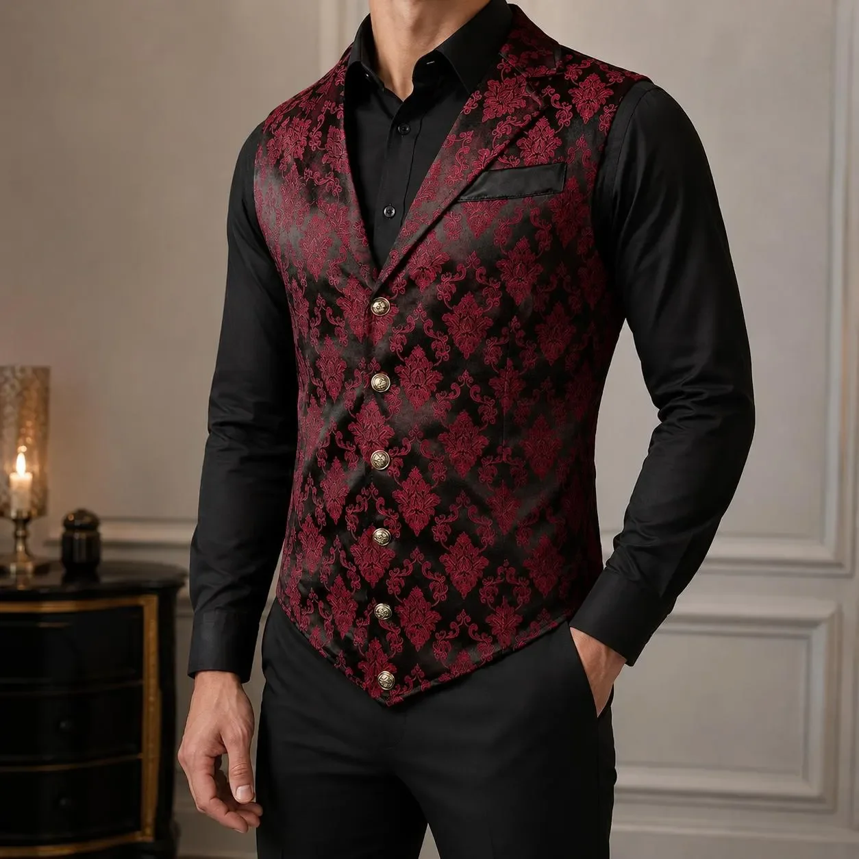 Victorian Floral Jacquard Men Suit Vest, Slim Fit Lapel Waistcoat Formal Wedding Banquet Party Business Tops