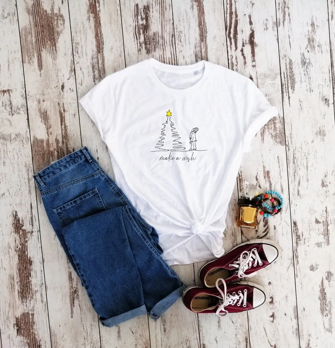 Organic Cotton Make A Wish T Shirt Gift Christmas Tree Line Art