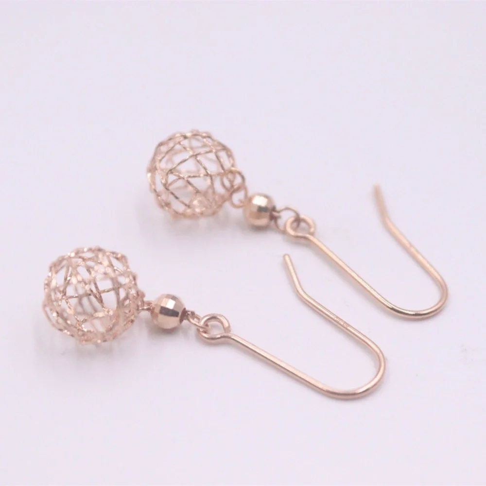 Real Pure 18K Rose Gold Dangle Women Best Lucky Bead Hollow Ball Earrings 1.2g