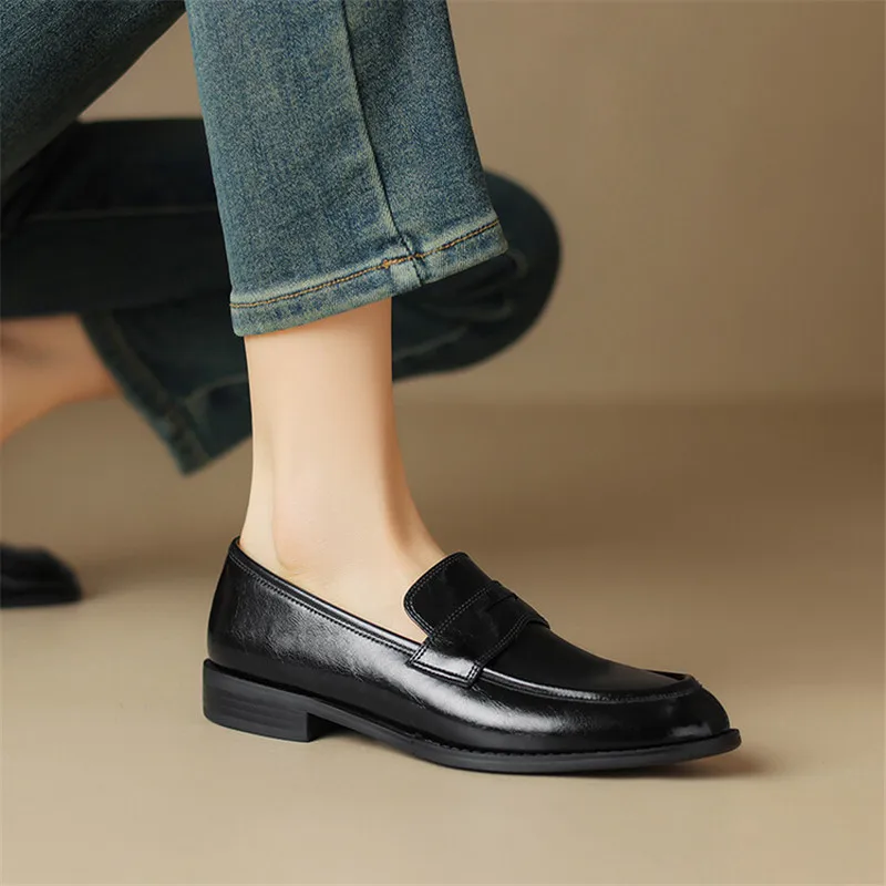 New Spring Split Leather Loafers Woman Shoes Chunky Heel Round Toe Shoes for Women Ladies Shoes Casual Low Heel Women Pumps