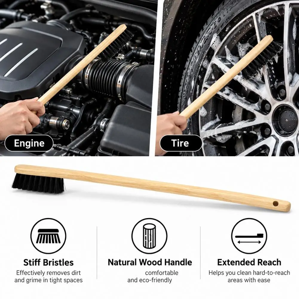 40cm Auto Engine Cleaning Brush Car Rim Wheel Tire Cleaning Brush Multi-function Bamboo Handle Mane Brushes Car Cleaning Tool