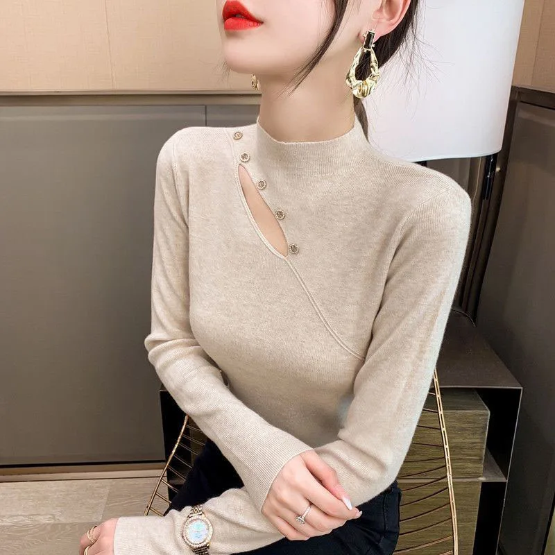 Women Clothing Fashion Half Turtleneck Pullover Autumn Winter Solid Long Sleeve Knitwear Office Lady Comfortable Hollow Out Top