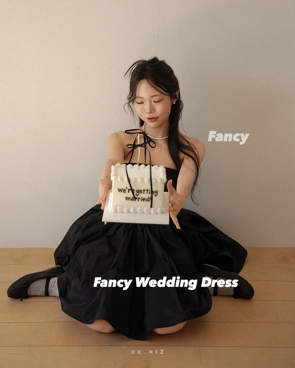 Fancy Princess Simple Black Korea Wedding Dress Photo Shoot Taffeta Mini Short Evening Dresses Back Corset Customized