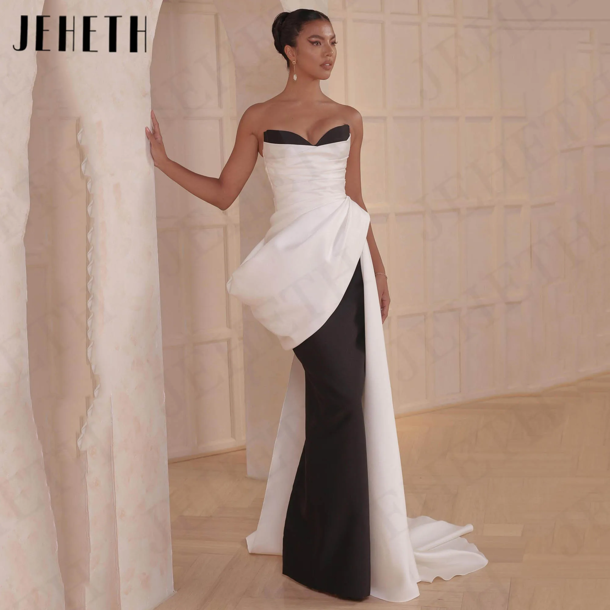 JEHETH Black And White Satin Evening Dresses Mermaid Saudi Arabia Sleeveless V Neck Special Occasion Dress فساتين سهره فخمة 2024