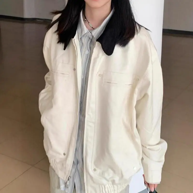 

new model American style retro Women's minimalist lapel jacket Spring autumn loose versatile coat baseball jersey solid top