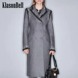 10.16 KlasonBell Women Autumn Winter New Diamonds Sequins Embroidery Wool Coat Lapel Double Breasted Collect Waist Outerwear