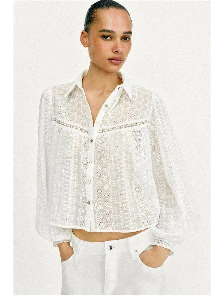 

Romantic Embroidered Loose Long Sleeve Shirt Collared Short French Style Women's Comfortable Breathable Cotton Blend Springwear