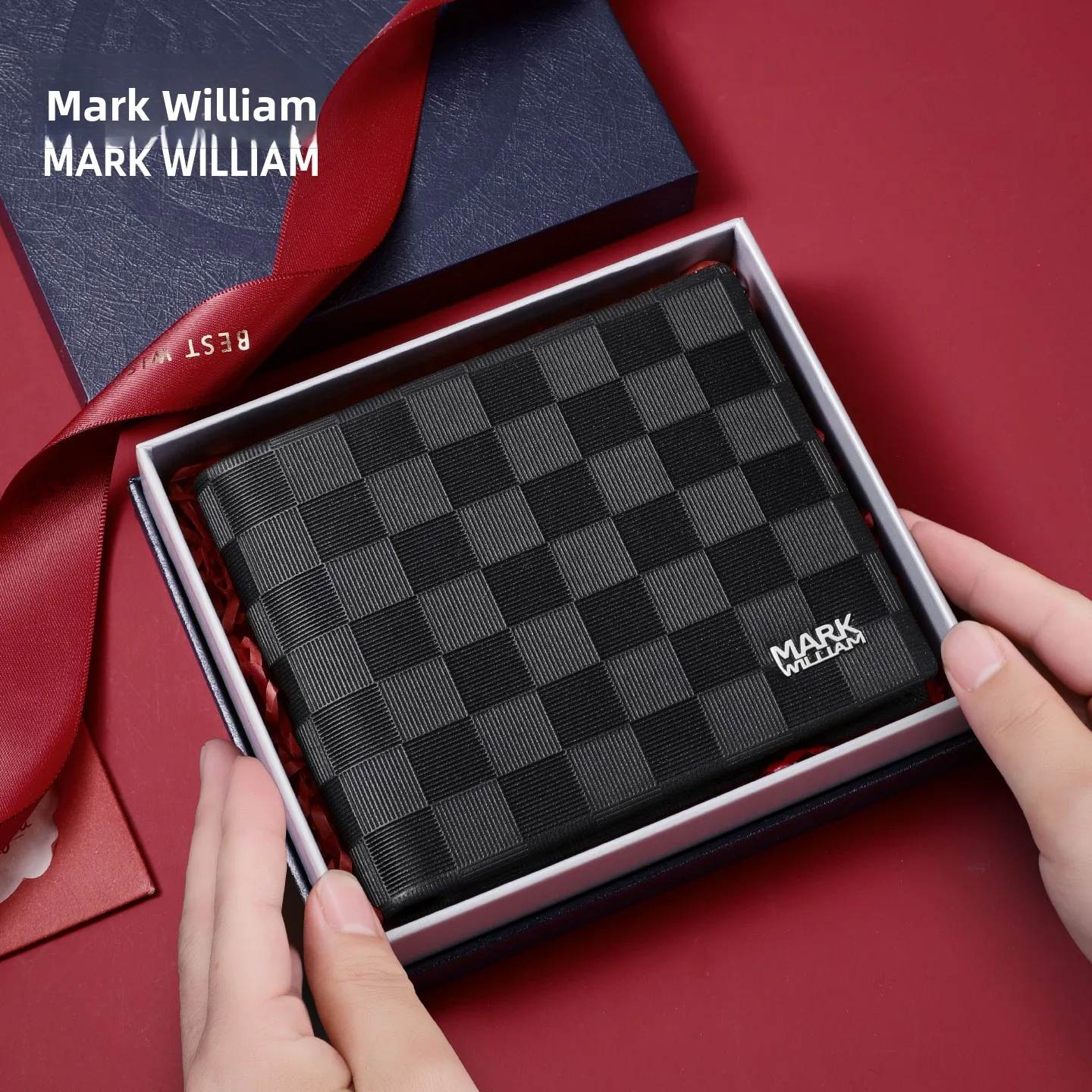Mark William Men's Plaid Wallet Top Layer Cowhide Short Style Birthday Gift for Dad Fashionable Leather Bifold Money Clip