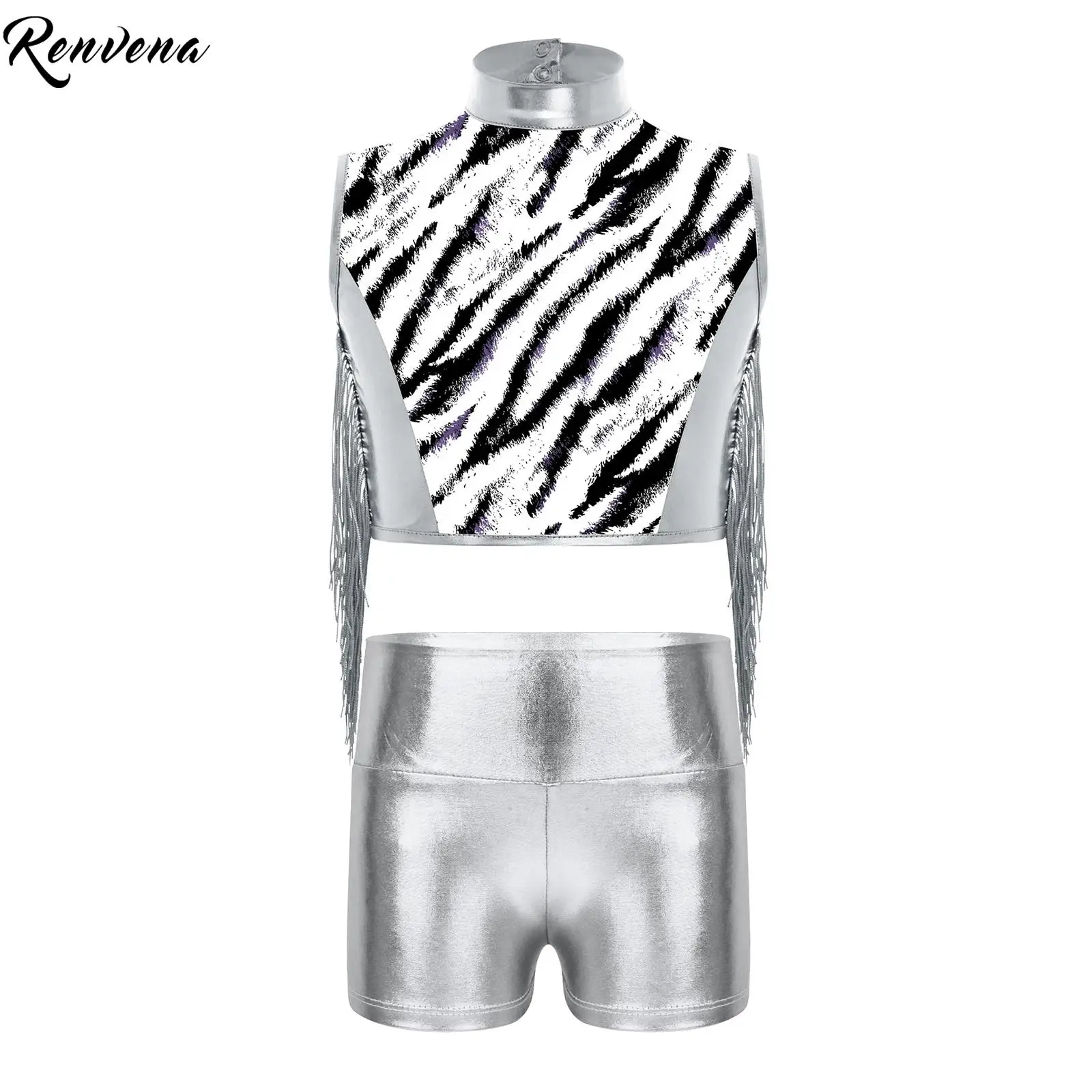 Jazz Dance Performance Costume Girls Ballet Gymnastics Set with Zebra Stripe Metallic Tassel Keyhole Back Crop Top and Shorts